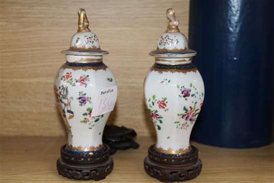 A pair of Chinese famille rose vases, a pair Samson vases and cover, and an Imari vase and cover smallest 15cm, tallest 22cm